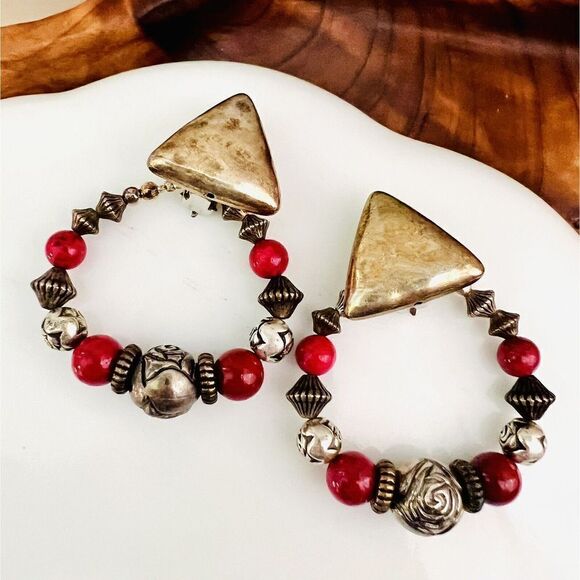 Vintage Jewelry - Vintage Large Earrings Silver Tone  Beaded Dangle Ornate Beads Clip On Y2K 4583